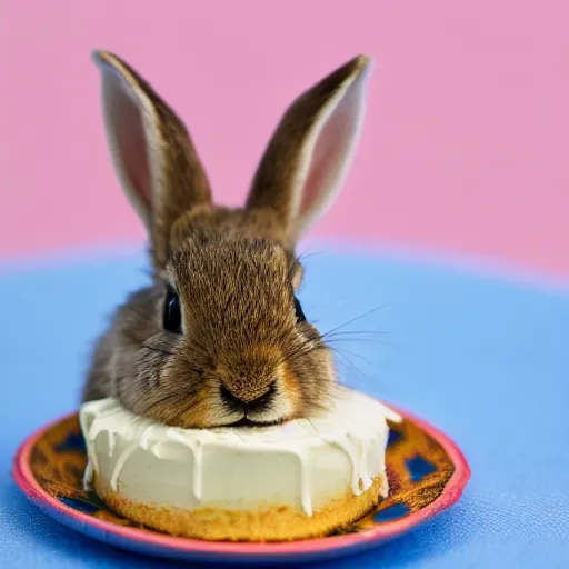 Prompt: photo of baby rabbit eating birthday cake, cinematic, 4 k, highly detailed, strong bokeh