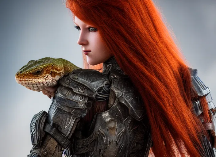 Image similar to 5 5 mm photo of an armored redhead woman with a lizard sitting on her shoulder by luis royo. highly detailed 8 k. intricate. lifelike. soft light. nikon d 8 5 0. cinematic post - processing