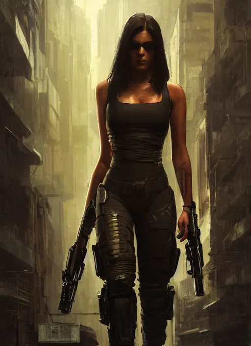 Image similar to lana kane. cyberpunk mercenary in a military vest ( blade runner 2 0 4 9, cyberpunk 2 0 7 7 ). orientalist portrait by john william waterhouse and james gurney and theodore ralli and nasreddine dinet, oil on canvas. cinematic, hyper realism, realistic proportions, dramatic lighting, high detail 4 k