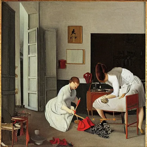 Prompt: two servants cleaning while their madame lounges nearby, French household, white and red, Balthus