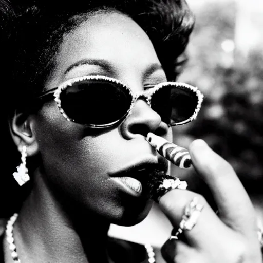 Prompt: a black woman wearing a shiny diamond necklace and sunglasses, she's smoking a cigar and puffing smoke, kodak film photo, amateur photography, candid