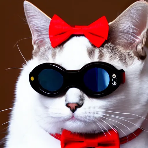 Image similar to sapphire cat wearing black goggles and red bow tie