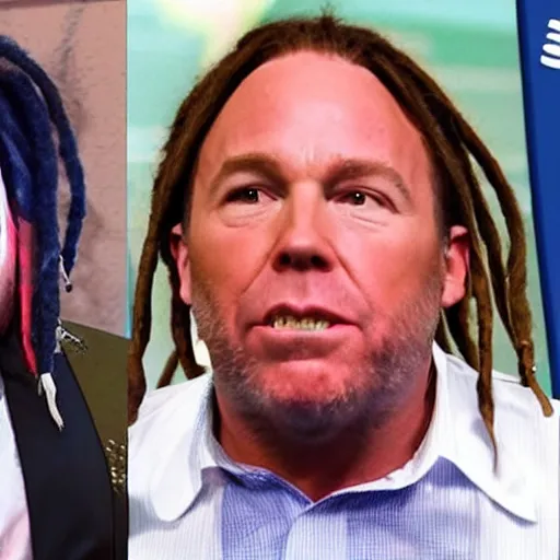 Image similar to Alex Jones appears as Tekasho 6ix9ine with dreadlocks and tattoos, high quality, photo