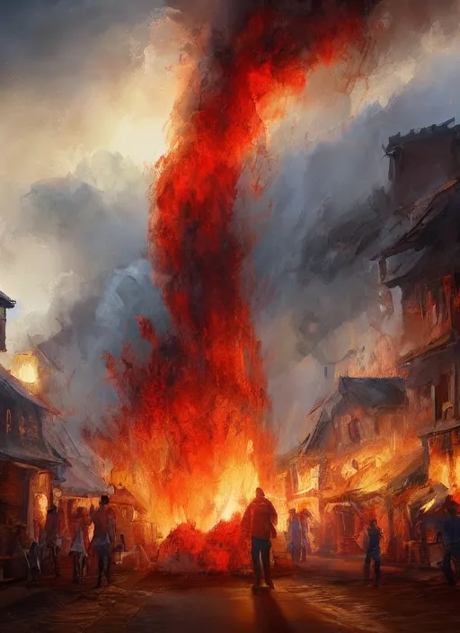 Image similar to cinematic shot, concept art of a fire tornado in a village, oil painting by jama jurabaev, extremely detailed, brush hard, artstation, for aaa game, high quality, brush stroke