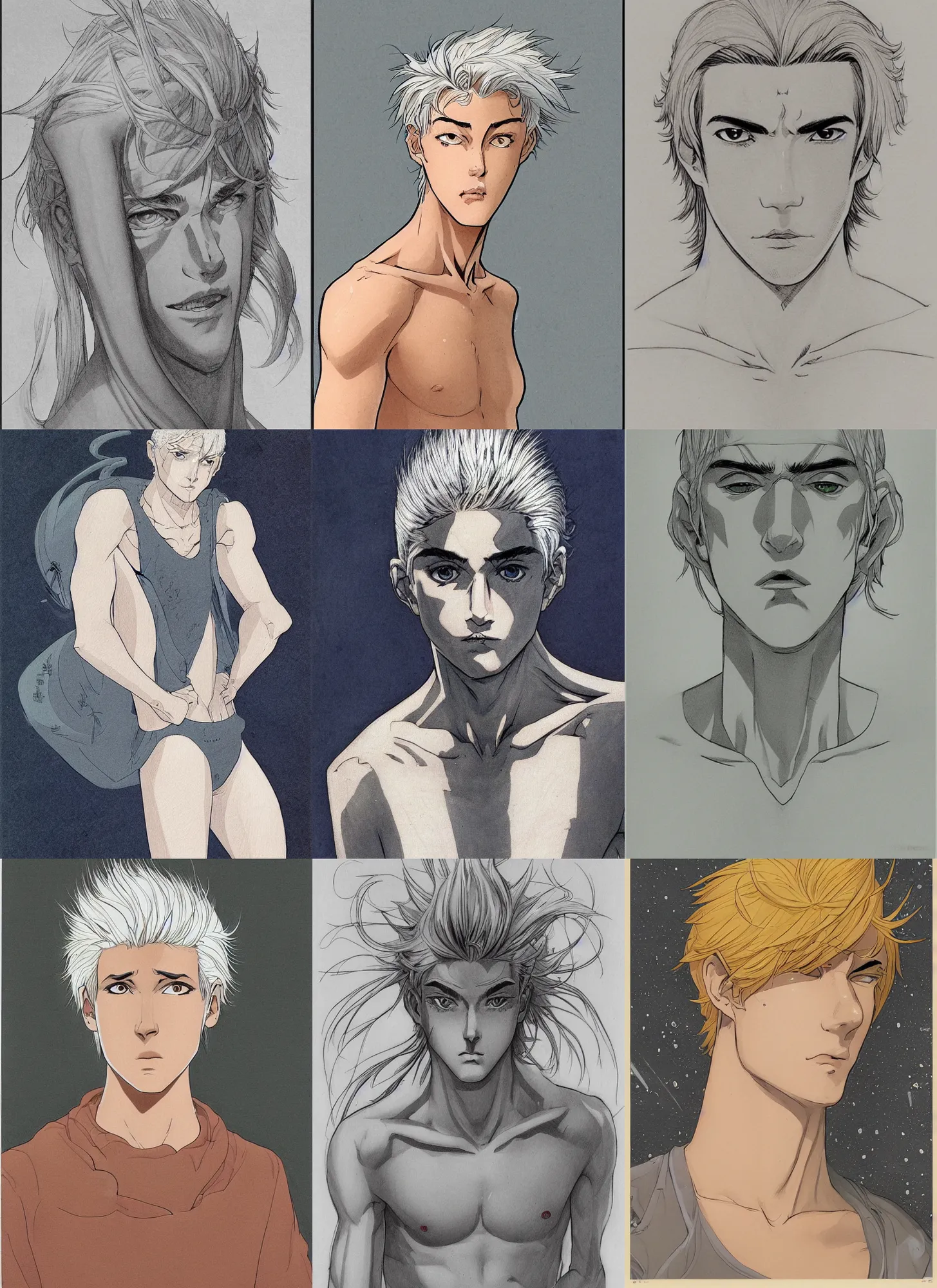 Prompt: young teen bishonen male!! scrawny white haired merman! sci - fi! moebius, milo manara, hugo pratt, french comic art, semi - realistic anime, portrait, beautiful face, symmetrical face, trending on pixiv, detailed, clean lines, sharp lines, crisp lines, award winning illustration, masterpiece, 4 k