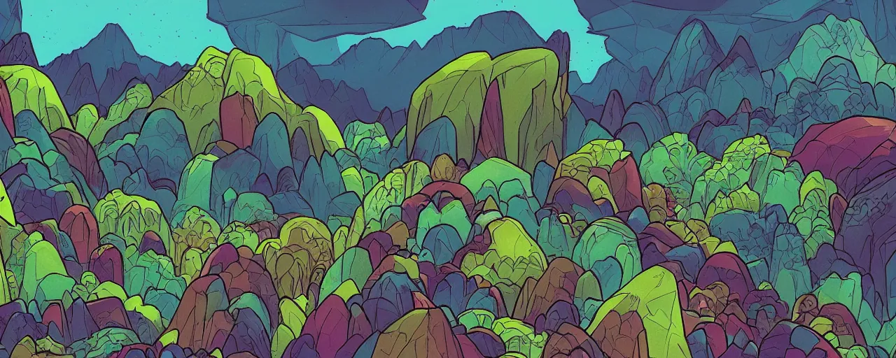 Prompt: An alien landscape with mountains made of gems, and strangely shaped trees and plants, bold complementary colours, 2D matte, graphic novel, graphic novel,