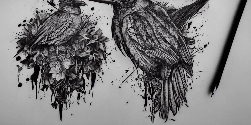 Image similar to realistic tattoo designs drawn on paper, raven, dark, golden, delicate, hyper realism, tim burton, ink, ultra realistic, 8 k