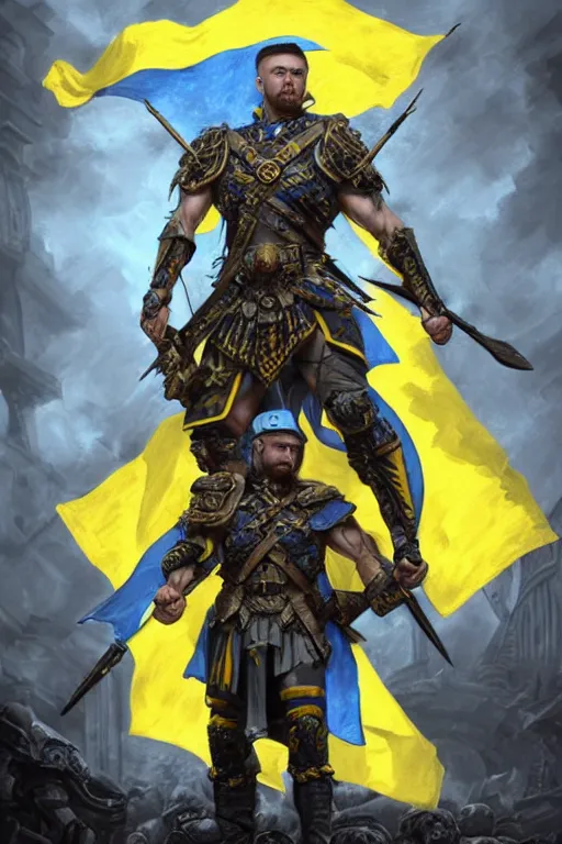 Image similar to a distant shot of a Ukrainian super soldier with blue and yellow flag behind him and a trident symbol on the chest standing alone on a huge pile of skulls posing as a winner, masculine muscular figure, D&D, fantasy, intricate, elegant, highly detailed, extremely detailed, digital painting, artstation, concept art, matte, smooth, sharp focus, illustration, art by Artgerm and Greg Rutkowski and Alphonse Mucha