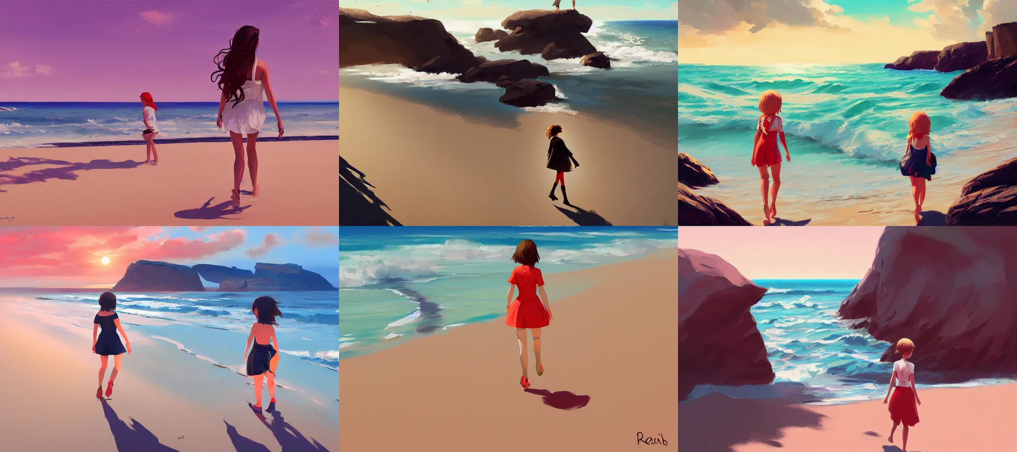 Prompt: a painting of a girl walking on a beach, a digital painting by ilya kuvshinov, reuben tam, wide angle shot, pixiv contest winner, polycount, concept art, plein air, speedpainting, storybook illustration, # screenshotsaturday
