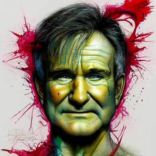 Image similar to a Demon Slayer portrait of Robin Williams, tall, pale-skinned, slender with lime green eyes and long eyelashes by Stanley Artgerm, Tom Bagshaw, Arthur Adams, Carne Griffiths, trending on Deviant Art, street art, face enhance, chillwave, maximalist, full of color, glittering