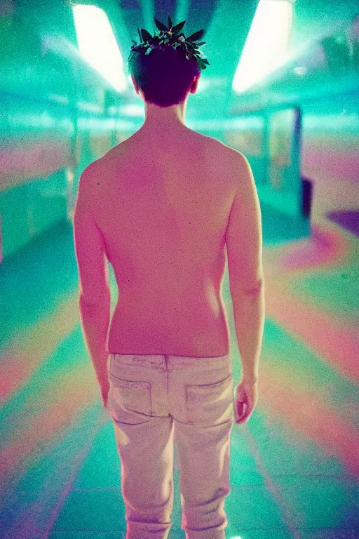 Image similar to agfa vista 4 0 0 photograph of a skinny guy in a hall of mirrors, futuristic, synth vibe, vaporwave colors, lens flare, flower crown, back view, moody lighting, moody vibe, telephoto, 9 0 s vibe, blurry background, grain, tranquil, calm, faded!,