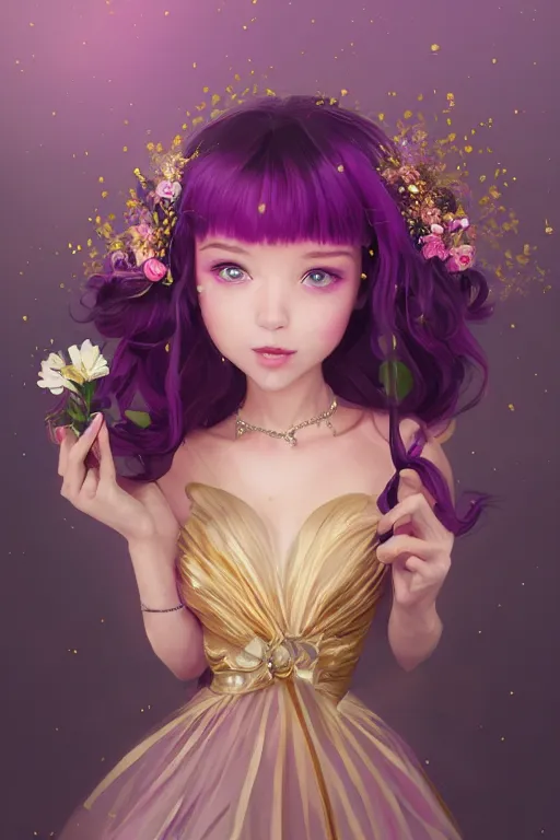 Image similar to beautiful princess in gold and pink dress, purple hair,, in her hands a black flower, soft lights ,symmetrical portrait, high quality, cinematic by WLOP and Rossdraws, character concept art. Epic composition, hyperrealism, award winning artwork,realistic hair, trending on artstation, high quality printing, fine art with subtle redshift rendering