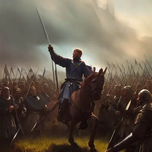 Image similar to robert the bruce leading scottish troops at bannockburn to fight the english, 4 k, concept art, by wlop, ilya kuvshinov, artgerm, krenz cushart, greg rutkowski, pixiv. cinematic dramatic atmosphere, sharp focus, volumetric lighting, cinematic lighting, studio quality