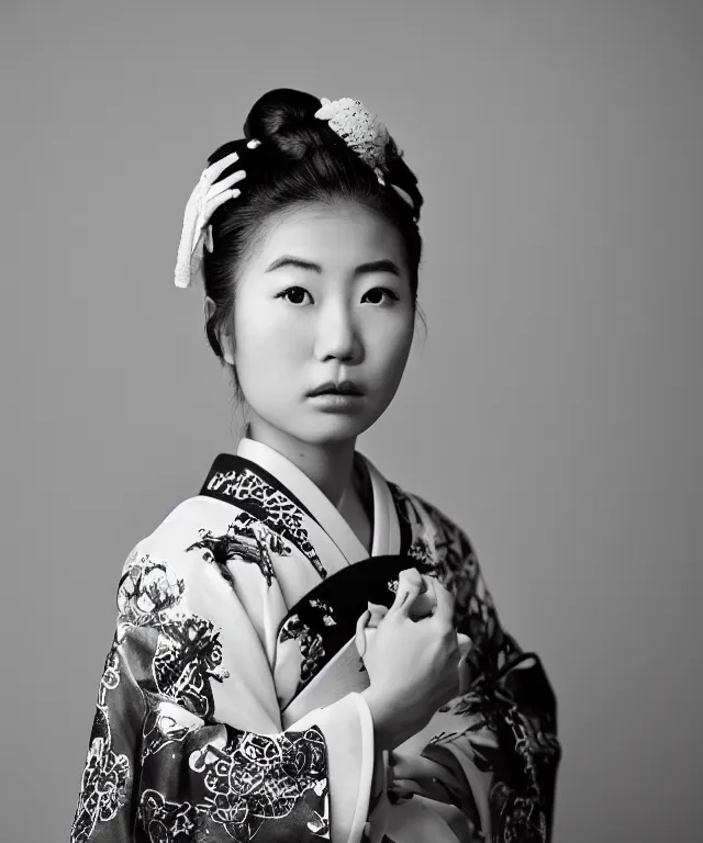 Prompt: a modern black and white film photograph shot on kodak 4 0 0 tx, portrait of one!! very beautiful and young japanese woman wearing a traditional kimono with a very ornate pattern of cranes, her hair is tied above her head, the scene is shot on a canon 8 5 mm f / 1. 4 in a studio setting with dramatic and cinematic lighting