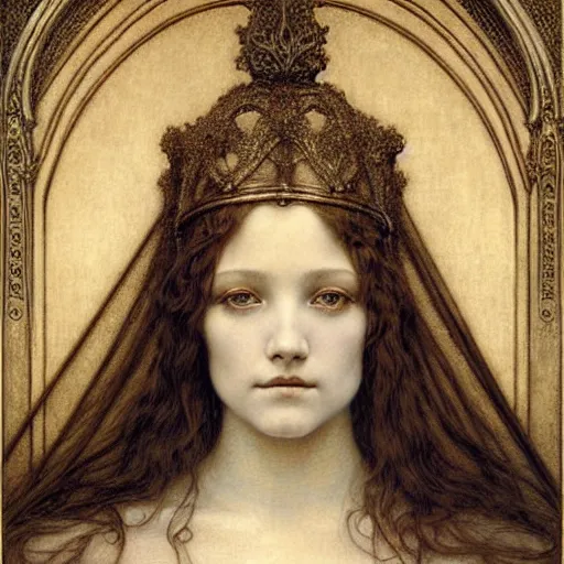 Image similar to detailed realistic beautiful young medieval queen face portrait by jean delville, gustave dore and marco mazzoni, art nouveau, symbolist, visionary, gothic, pre - raphaelite. horizontal symmetry