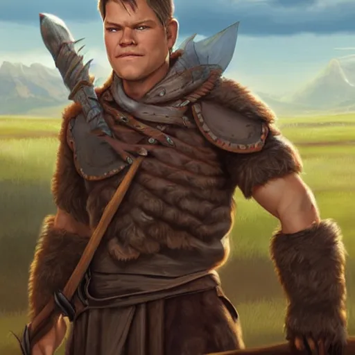 Image similar to dnd character.. human druid. matt damon. mullet. chinstrap patchy beard. plains and horses in the background. brown. beige. holding spear. leather armor. concept portrait. hd. dynamic lighting, fantasy, artwork by artgerm, greg rutknowski