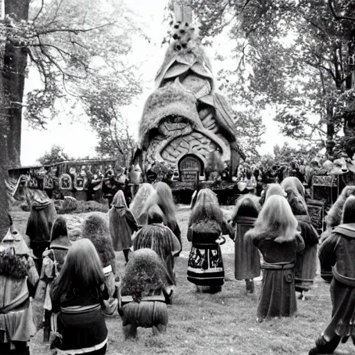 Prompt: a beatiful dwarven festival in 1974 in a fertile green park with surreal elven nature, a gnome rock band concert and dwarven BBQ