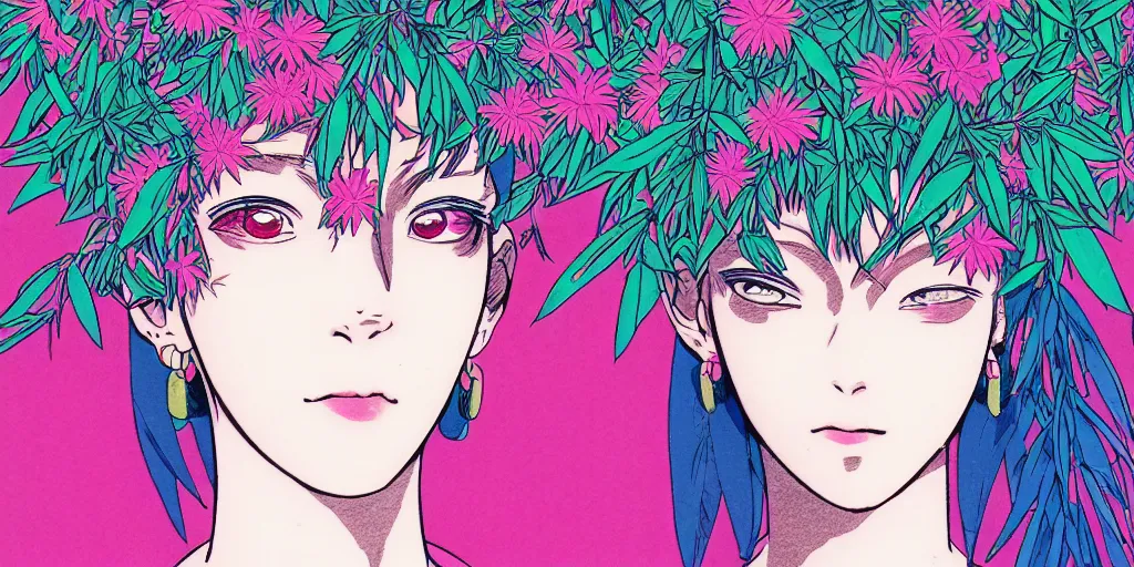 Image similar to risograph grainy drawing of neo - tokyo anime - like hero girl protagonist face, dull colors, with huge earrings, face covered with plants and flowers, by moebius and dirk dzimirsky and satisho kon, latex, close - up wide portrait, epic sad, perfect blue