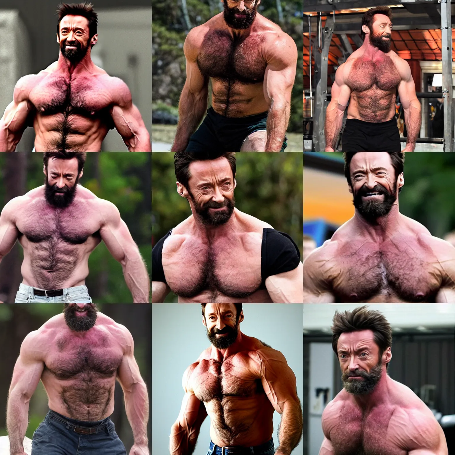 Prompt: hugh jackman as a big burly padded hairy strongman