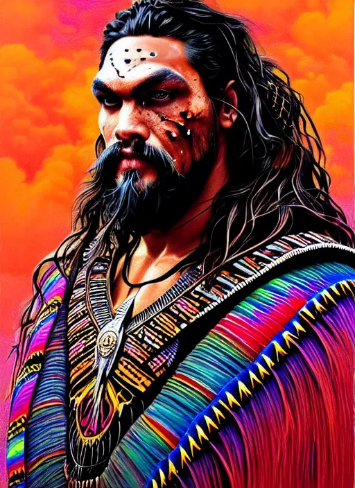 Image similar to portrait of jason momoa, hyper detailed ultra sharp aztec shaman warrior. trending on artstation, warpaint aesthetic, bloodwave, colorful, psychedelic, ornate, intricate, digital painting, concept art, smooth, sharp focus, illustration, art by artgerm and greg rutkowski and h. r. giger, 8 k