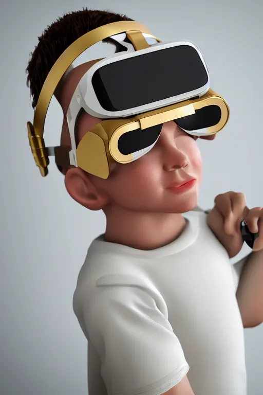 Image similar to cinematic close up portrait of Cupid wearing a golden Oculus VR headset on his face. Centered, uncut, unzoom, ultra realistic, zenith view, polished white marble, unreal engine, ray tracing, hd, 4k, Dslr, tiltshift, dof. 64megapixel.