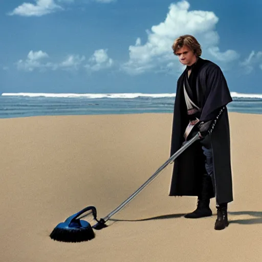 Prompt: anakin skywalker vacuuming the sand on a beach