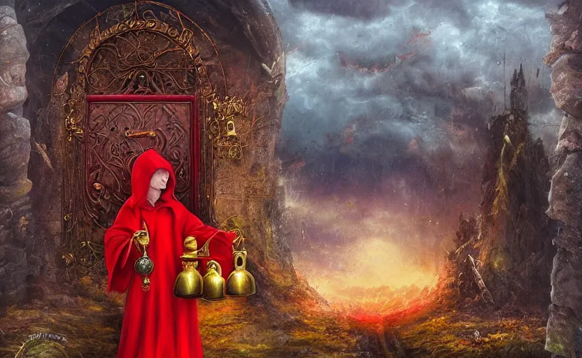 Image similar to red hooded mage holding a golden bell by the gate to the 7 th realm, mindblowing, landscape art, ominous,