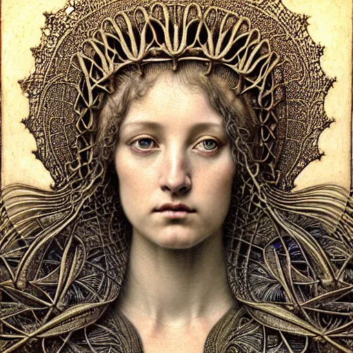 Image similar to detailed realistic beautiful young medieval queen face portrait by jean delville, gustave dore, iris van herpen and marco mazzoni, art forms of nature by ernst haeckel, art nouveau, symbolist, visionary, gothic, neo - gothic, pre - raphaelite, fractal lace, ai biodiversity, surreality, horizontal symmetry, intricate hyper detailed ultra sharp octane render