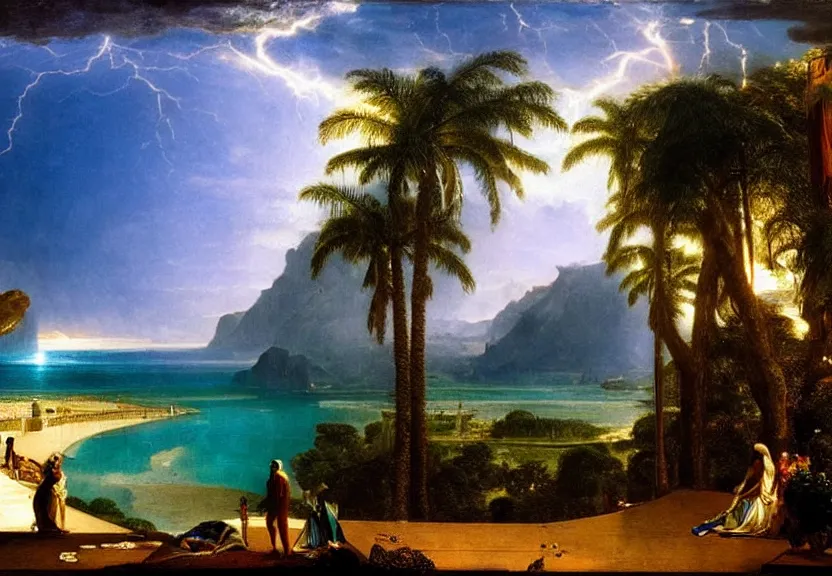 Prompt: Palace of the chalice, refracted sparkles, thunderstorm, greek pool, beach and Tropical vegetation on the background major arcana sky, by paul delaroche, hyperrealistic 4k uhd, award-winning, very very very detailed