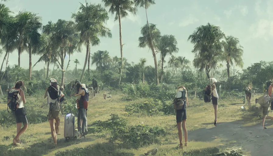 Image similar to Dusty abandoned airport covered by vegetation with tourists taking pictures, hyperdetailed, artstation, cgsociety, 8k