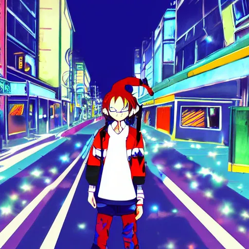 Image similar to anime boy with eccentric clothes, long spiky hair, cel - shading, 2 0 0 1 anime, flcl, jet set radio future, night, night time, entertainment district, japanese city at night, lines of lights, christmas lights, rollerskaters, cel - shaded, jsrf, strong shadows, vivid hues, y 2 k aesthetic