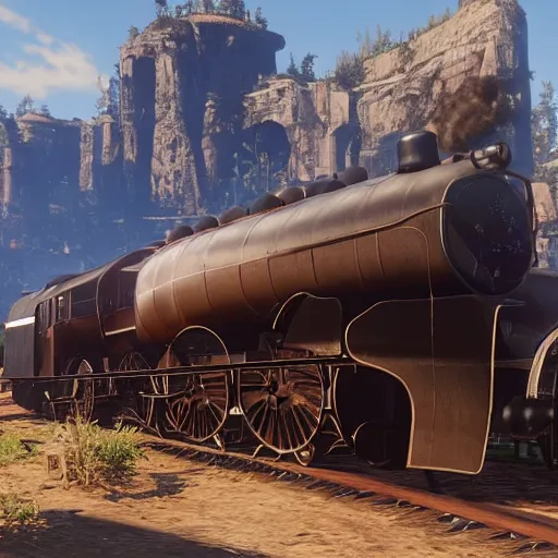 Image similar to futuristic sleek steam locomotive in red dead redemption 2