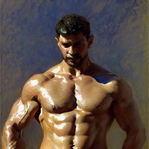 Image similar to Portrait of a greek soldier, muscular, thighs!!!!, painting by Gaston Bussiere, Craig Mullins