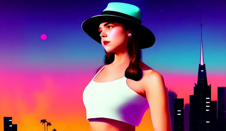 Image similar to a beautiful and immaculate young teenager girl with fedora hat. synthwave. outrun style. trending on artstation. recommended for you behance. by chris moore. by edward hopper. metropolis filmic. gotham city.