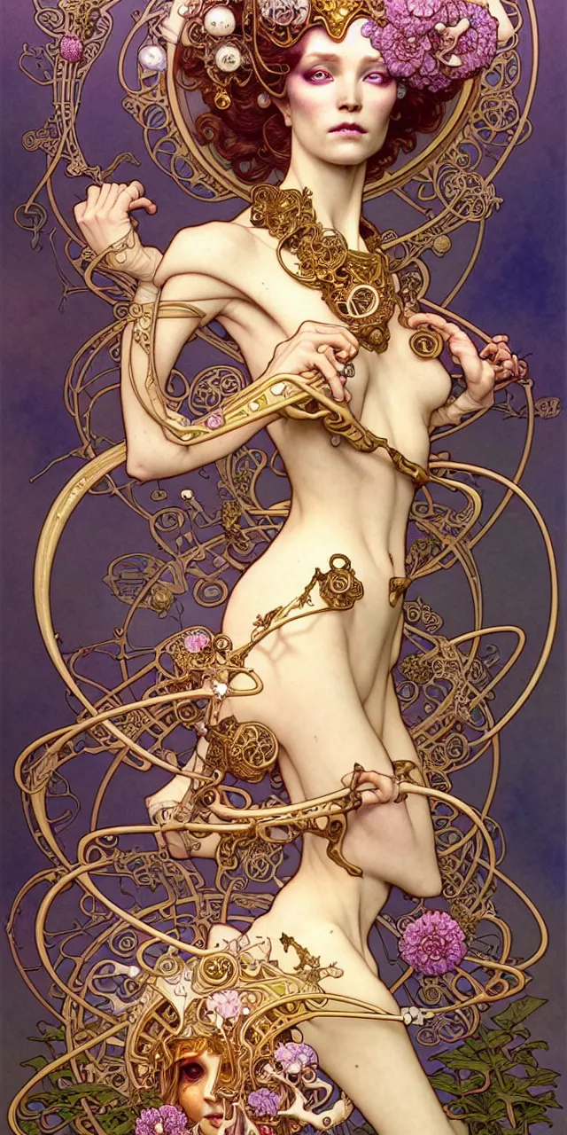 Image similar to beautiful princess art nouveau fantasy character portrait, ultra realistic, intricate details, the fifth element artifacts, highly detailed by peter mohrbacher, hajime sorayama, wayne barlowe, boris vallejo, aaron horkey, gaston bussiere, craig mullins alphonse mucha, art nouveau curves and spirals, flowers pearls jewels goldchains scattered