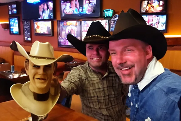 Prompt: taking a selfie with a plastic cowboy at an applebee's, cell phone photo