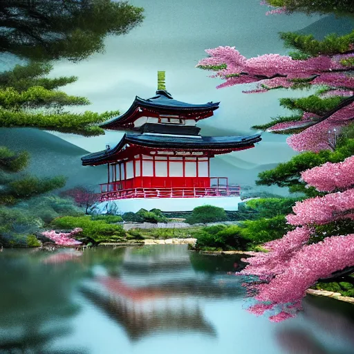 Prompt: landscape japanese house, japanese temple, cherry blossom samurai scene jurgens digital art, golden ratio, art canvas, award winning, masterpiece artstation 8 k 1 5 0 mpx