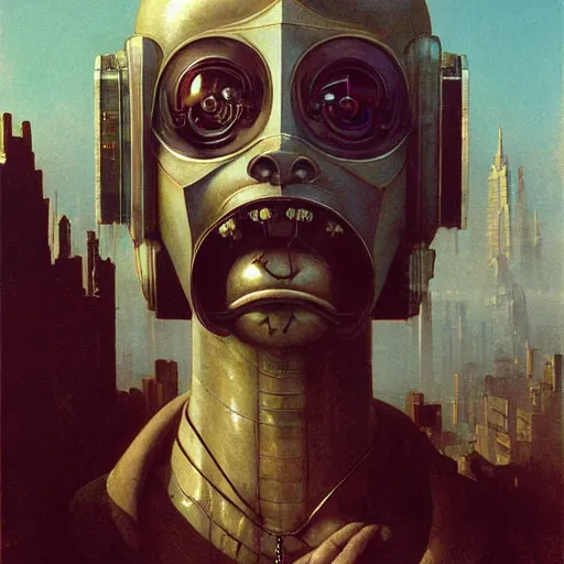 Image similar to portrait of masked cyberpunk scientist on the art deco streets of the Empire city, award-winning realistic sci-fi concept art by Beksinski, Bruegel, Greg Rutkowski, Alphonse Mucha, and Yoshitaka Amano