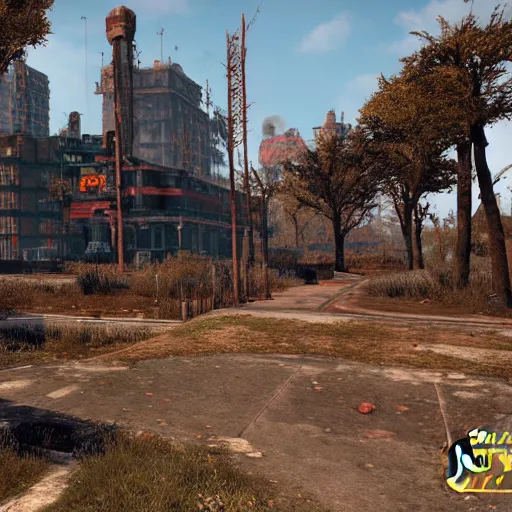 Image similar to central park settlement, post - nuclear war in fallout 4, in game screenshot