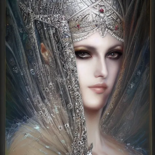 Image similar to a beautiful woman wearing a white niqab made of silver with jewelry and diamonds by karol bak, ayami kojima, arabian eyes, concept art, fantasy