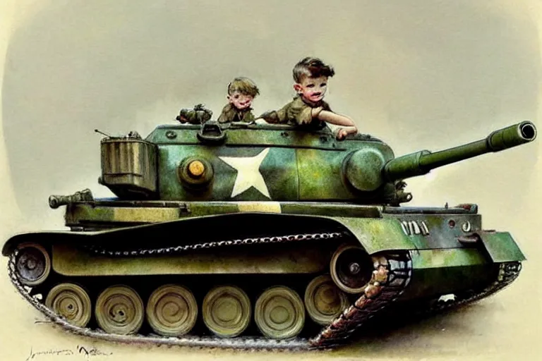 Image similar to (((((1950s boy and his toy retro army tank . muted colors.))))) by Jean-Baptiste Monge !!!!!!!!!!!!!!!!!!!!!!!!!!!