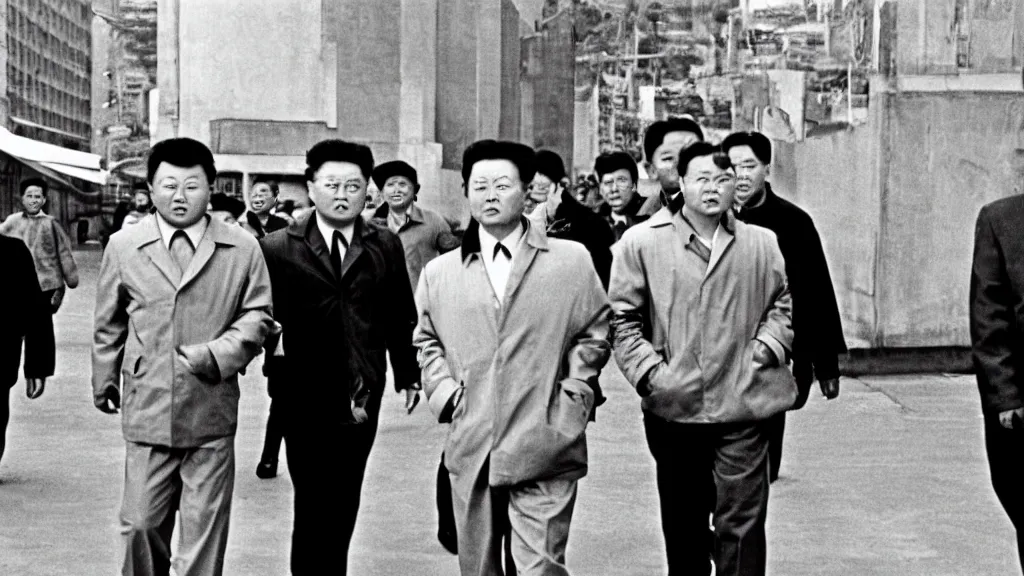 Prompt: kim jong - il walking in 1 9 6 0 s pyongyang, film noir thriller in the style of orson welles and andrei tarkovski