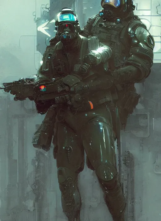 Prompt: Vernon. USN blackops operator infiltrating oil rig. Operator wearing Futuristic cyberpunk tactical wetsuit. Frogtrooper. rb6s, MGS, and splinter cell Concept art by James Gurney, greg rutkowski, and Alphonso Mucha. Vivid color scheme.