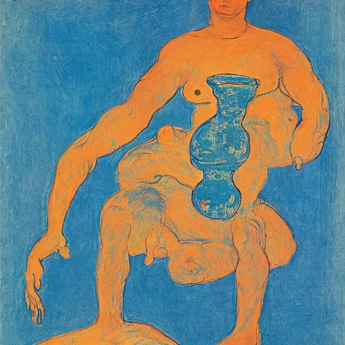 Image similar to tantric deity with vase. indigo blue, turquoise, cinnabar. henri de toulouse - lautrec, ferdand hodler, egon schiele, gauguin