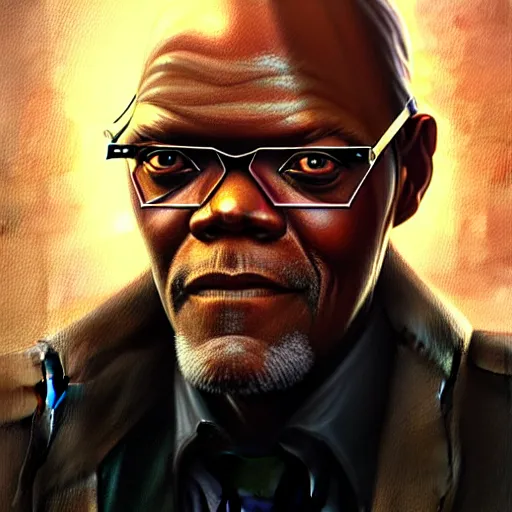 Prompt: Samuel L. Jackson as a fantasy magic man, portrait, sci-fi, amber eyes, face, fantasy, intricate, elegant, highly detailed, digital painting, artstation, concept art, smooth, sharp focus, illustration, art by artgerm and greg rutkowski and alphonse mucha