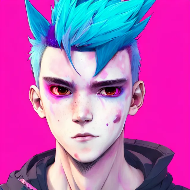 Image similar to character concept art of a cyberpunk boy with pink hair and pink wolf ears and freckles | | cute - fine - face, pretty face, key visual, realistic shaded perfect face, fine details by stanley artgerm lau, wlop, rossdraws, james jean, andrei riabovitchev, marc simonetti, and sakimichan, trending on artstation