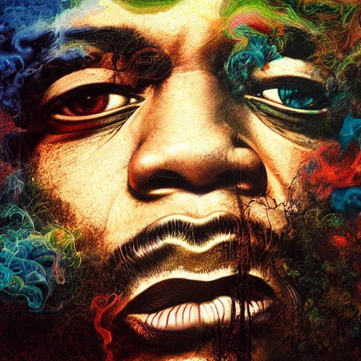 Prompt: colour masterpiece surreal closeup portrait photography jimi hendrix by miho hirano and annie leibovitz and michael cheval, psychedelic smoke background, 8 k