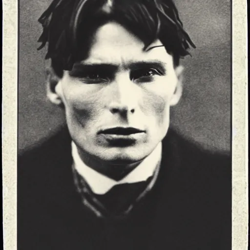 Prompt: headshot edwardian photograph of cillian murphy, 1 9 2 0 s, gang member, intimidating, tough, realistic face, 1 9 1 0 s photography, 1 9 0 0 s, grainy, victorian