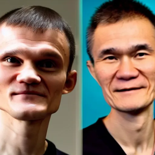 Image similar to picture of vitalik buterin and satoshin nakamoto in front of a computer
