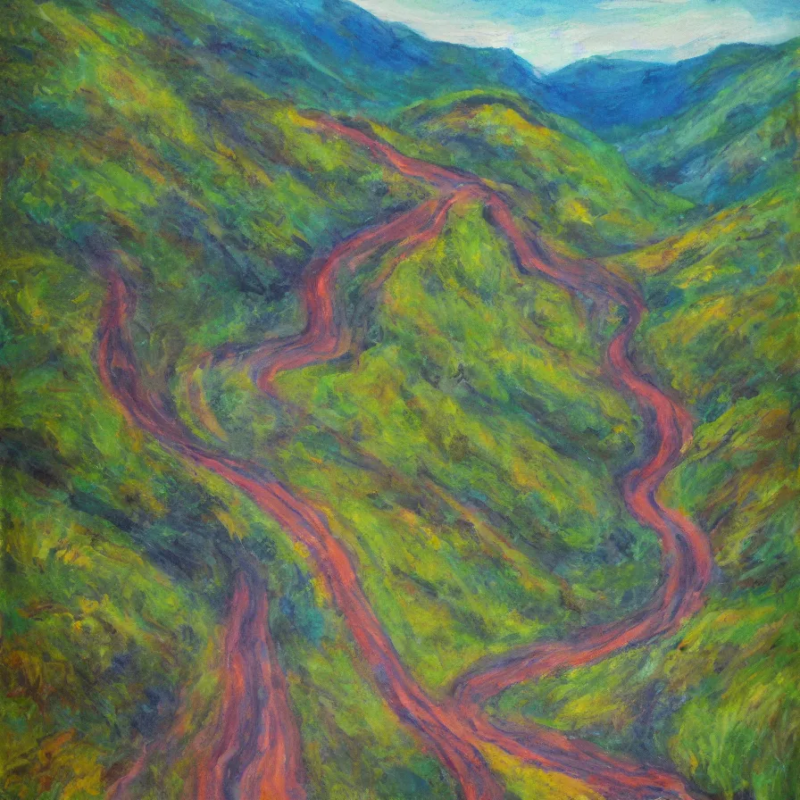Prompt: an artwork about a road going down a beautiful valley full of hopes and dreams
